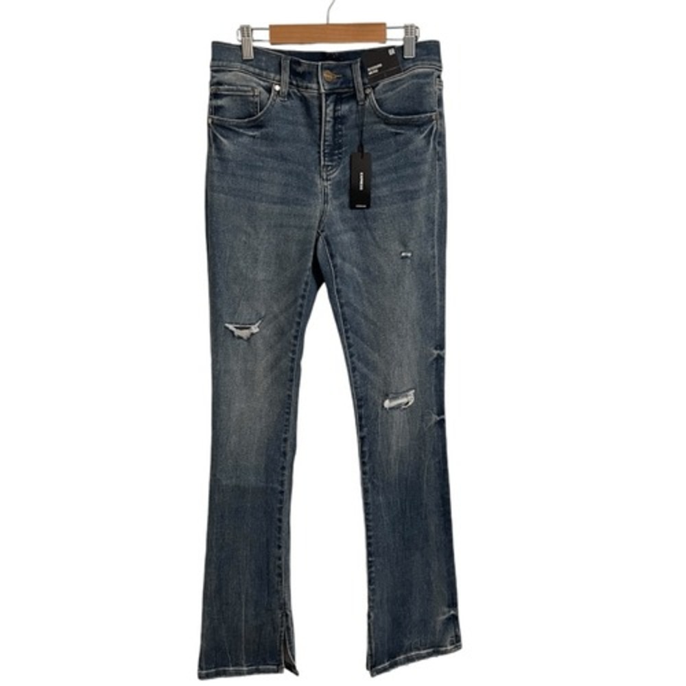 Express Skyscraper Mid Rise Distressed Split Hem Flare‎ Jeans Blue 6R NEW